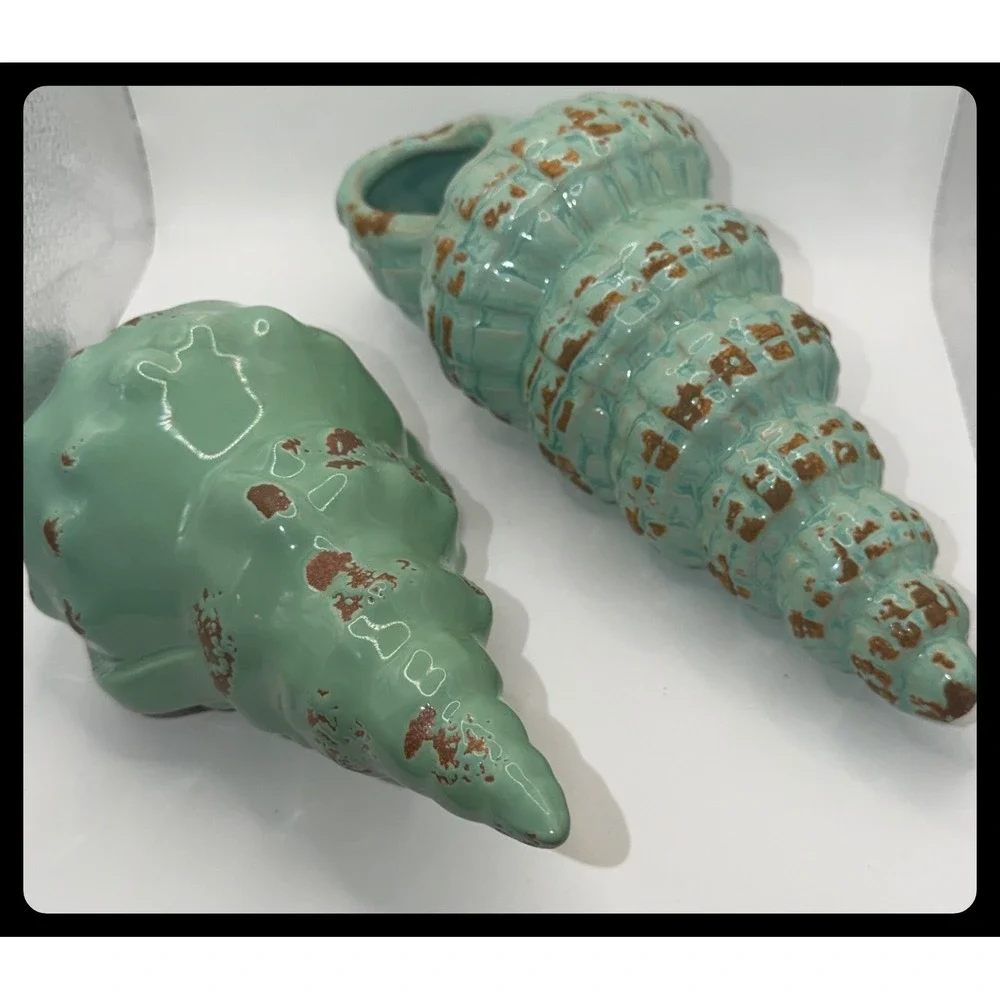 Conch Shell Planter Vases Home Decor Set of 2 Teal Green Coastal Nautical